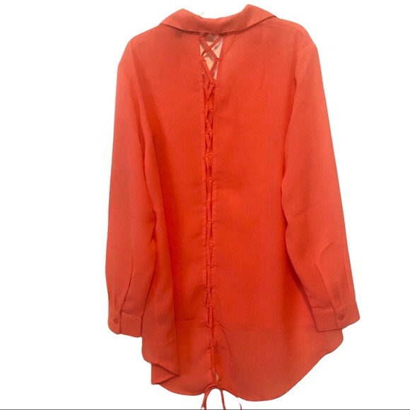 Plus Moda women coral longsleeve button down semi sheer high low shirt tail - Picture 10 of 10